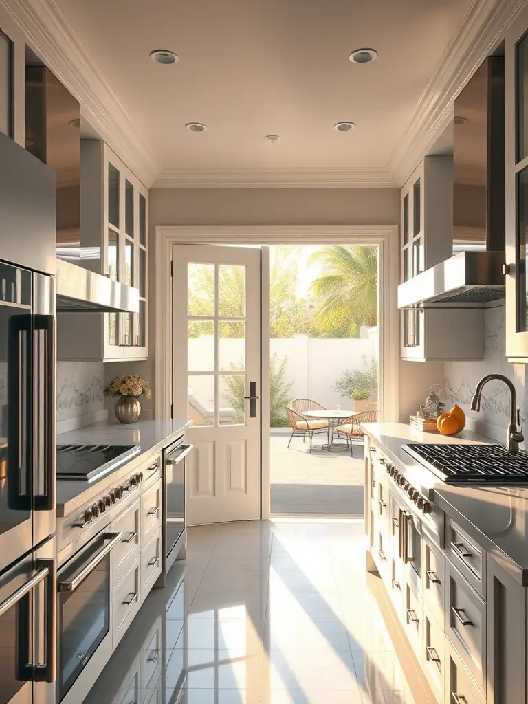 A high-angle, sun-drenched photograph of a newly renovated kitchen in a home located in the upscale Port Royal neighborhood of Naples, Florida, showcasing modern appliances and elegant design.