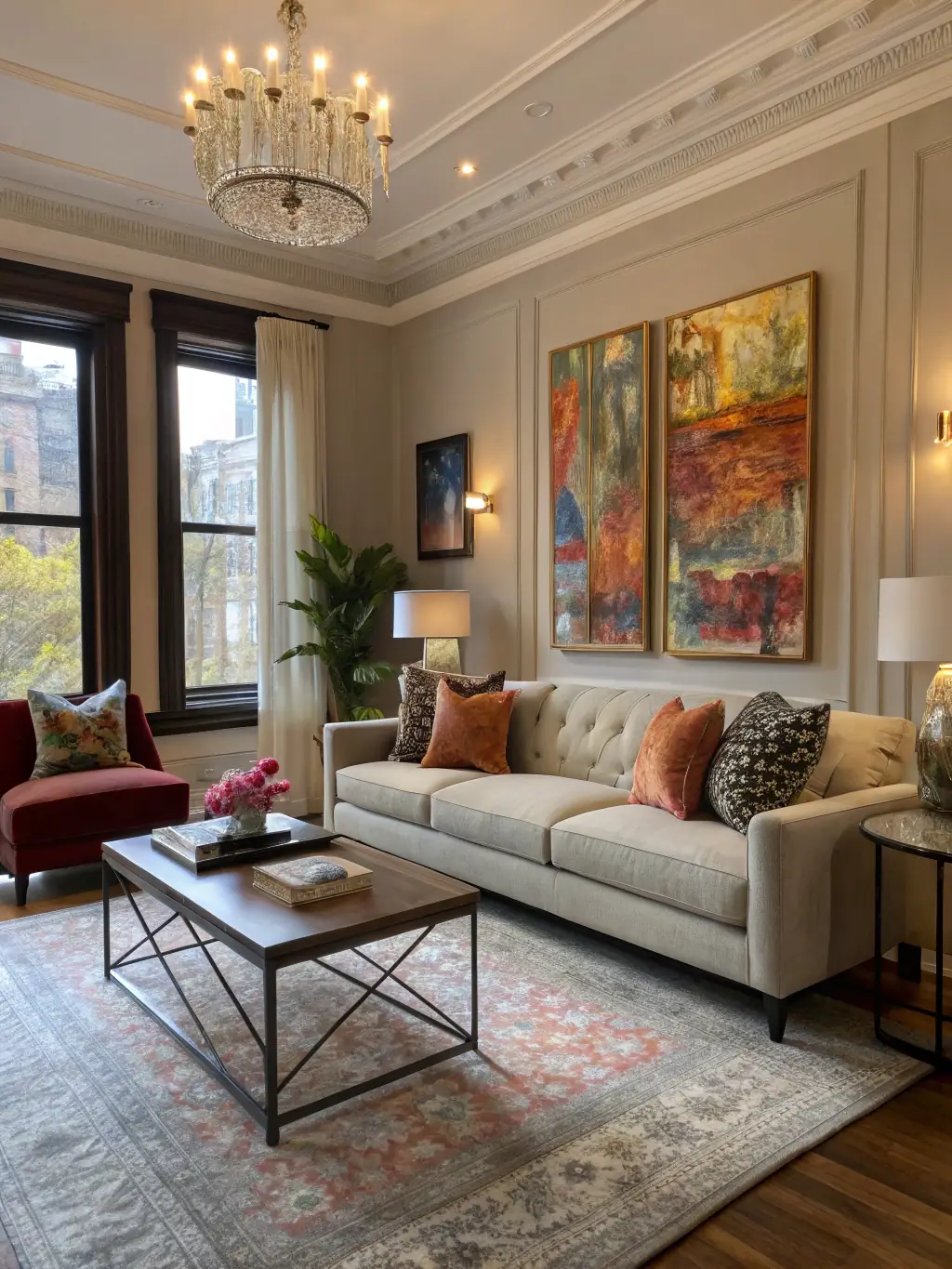 An inviting living room in a fully renovated home in the vibrant community of Pelican Bay, Naples, Florida, featuring updated flooring, fresh paint, and stylish furnishings.