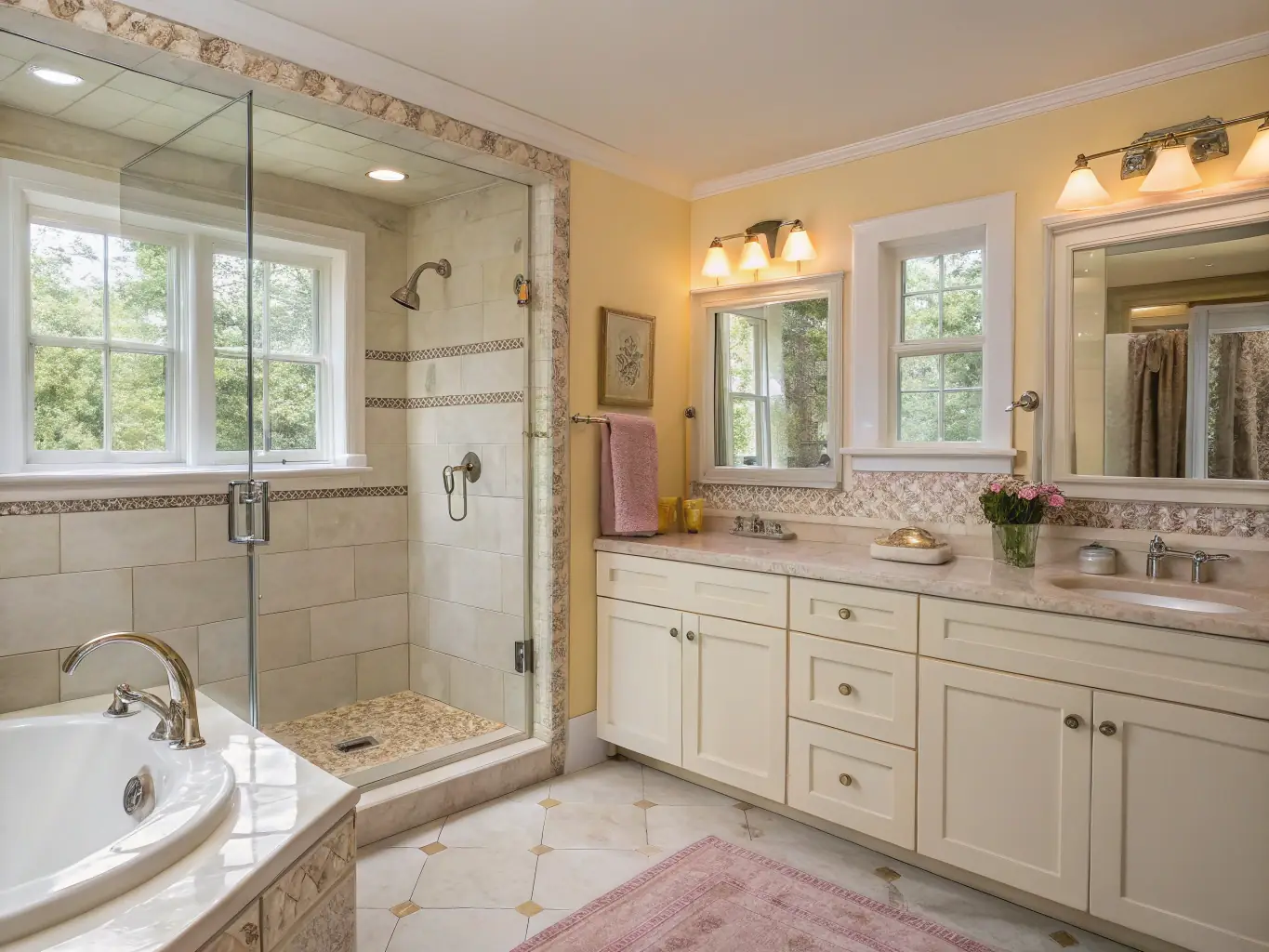 A luxurious bathroom featuring a walk-in shower, elegant tiling, and modern fixtures, representing a bathroom renovation project completed by Floridian Renovations.