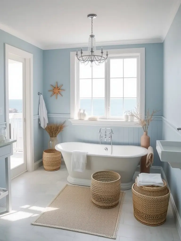 A beautifully remodeled bathroom featuring coastal-inspired design elements in a home situated in the charming neighborhood of Old Naples, Florida.