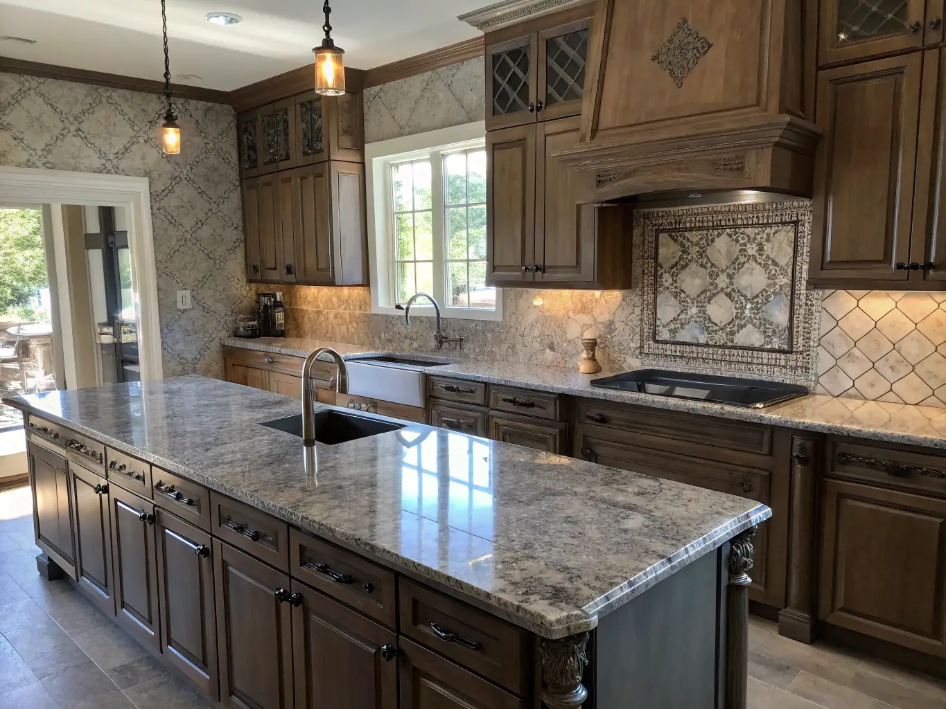 A modern kitchen with stainless steel appliances, granite countertops, and custom cabinetry, showcasing a recent kitchen remodeling project by Floridian Renovations.