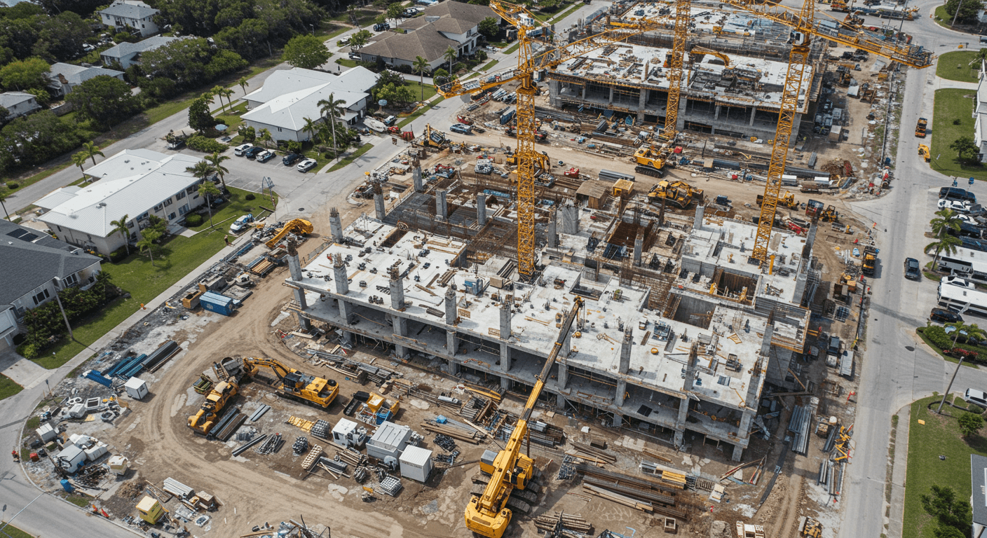 An aerial view of a bustling construction site in Fort Myers, with cranes and heavy machinery in action. The image captures the scale of the project, showcasing the dynamic nature of construction in the area.