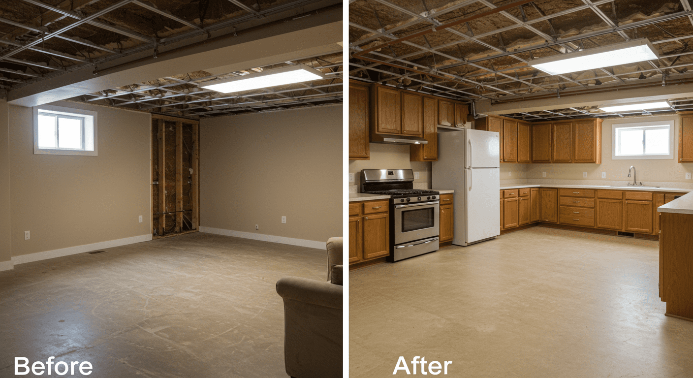 A before-and-after comparison of a basement transformation, highlighting the dramatic changes made during the remodeling process, with a focus on quality craftsmanship.