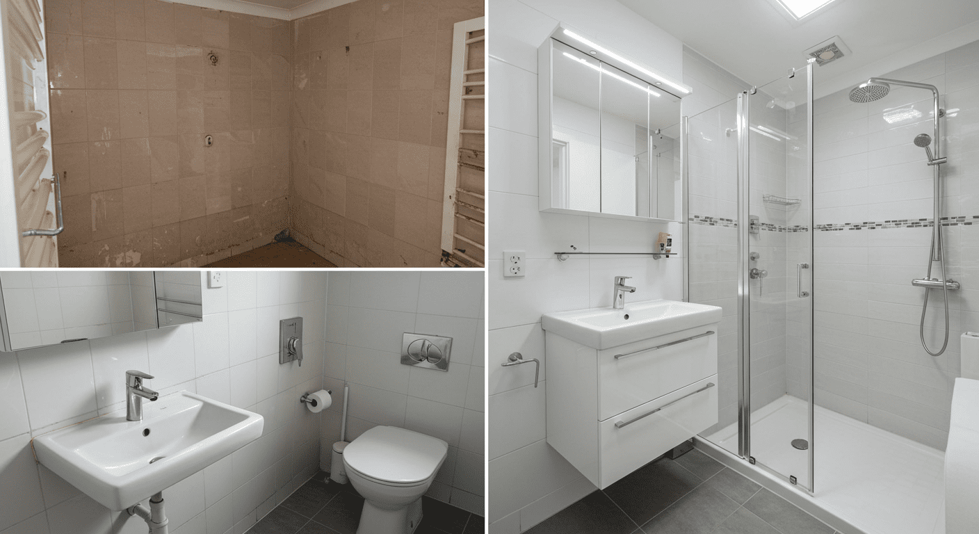 A before-and-after collage of a bathroom renovation, highlighting modern fixtures, a sleek design, and improved functionality.