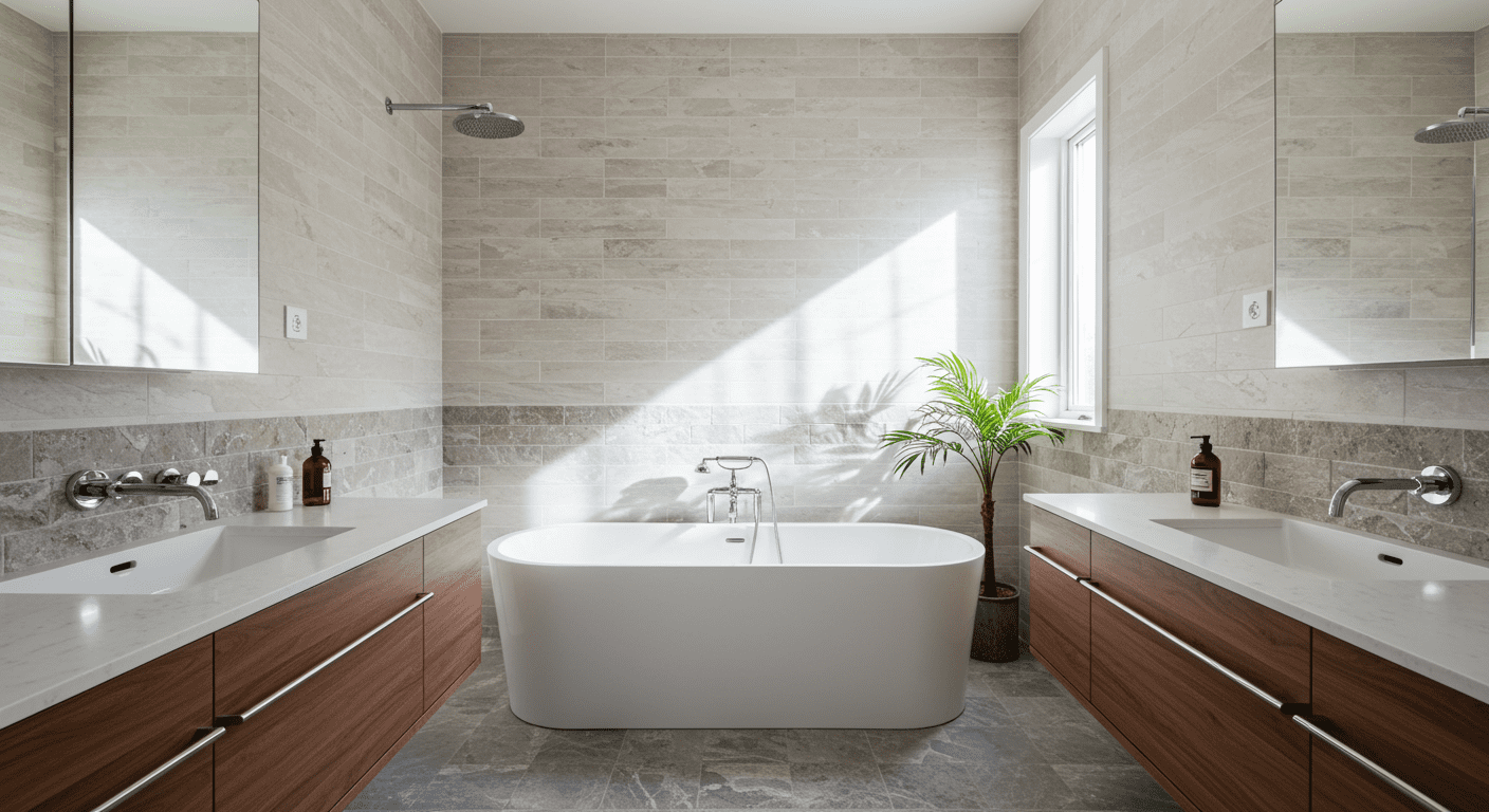 A beautifully renovated bathroom featuring a modern design with a soaking tub, stylish tiles, and elegant fixtures.