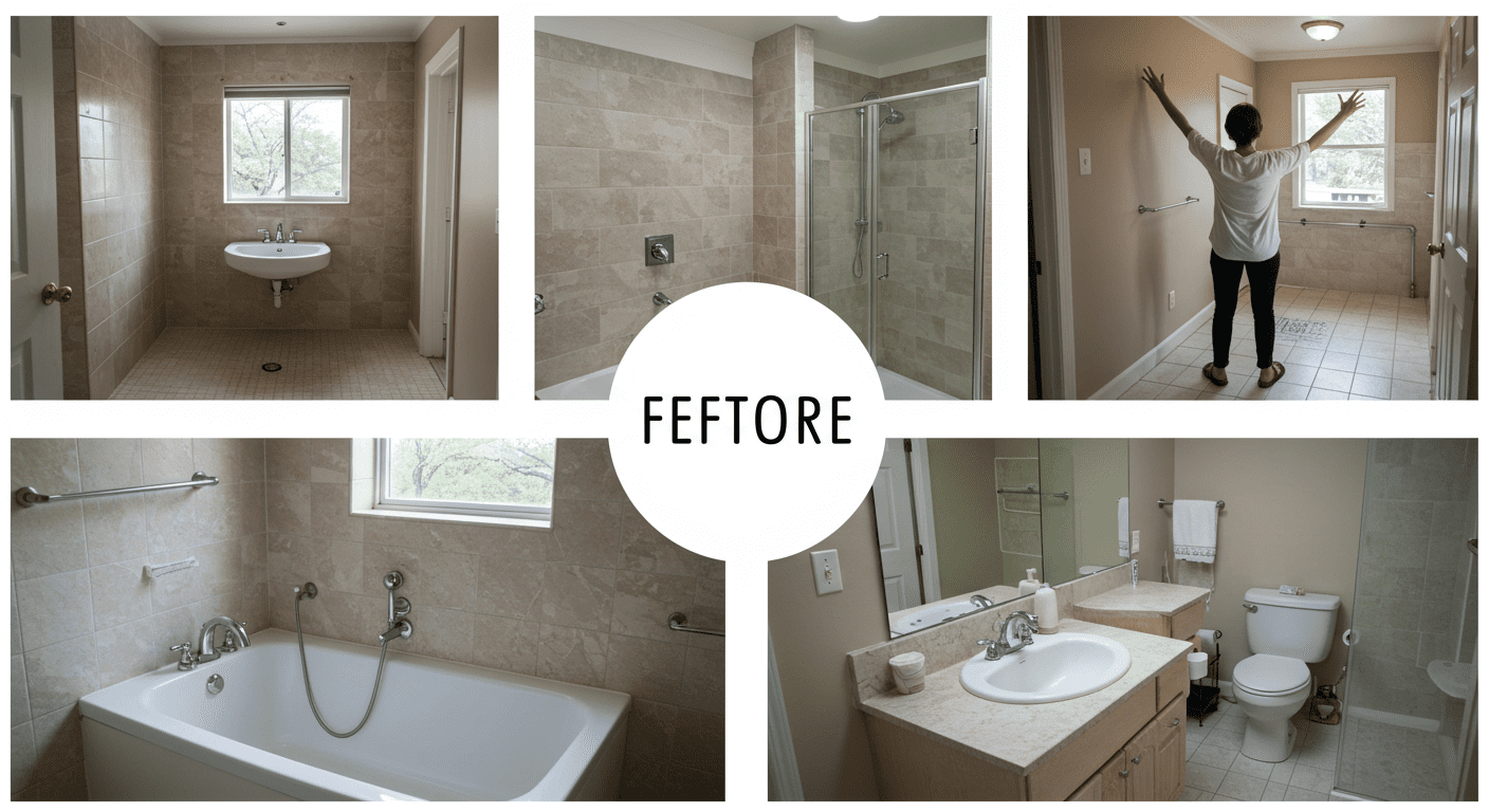 A before-and-after collage of a bathroom renovation, showcasing the transformation from outdated to modern.