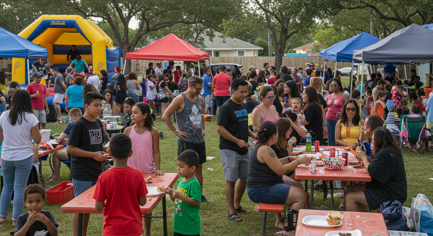 A vibrant community event in a Fort Myers neighborhood, showcasing families enjoying outdoor activities and socializing.