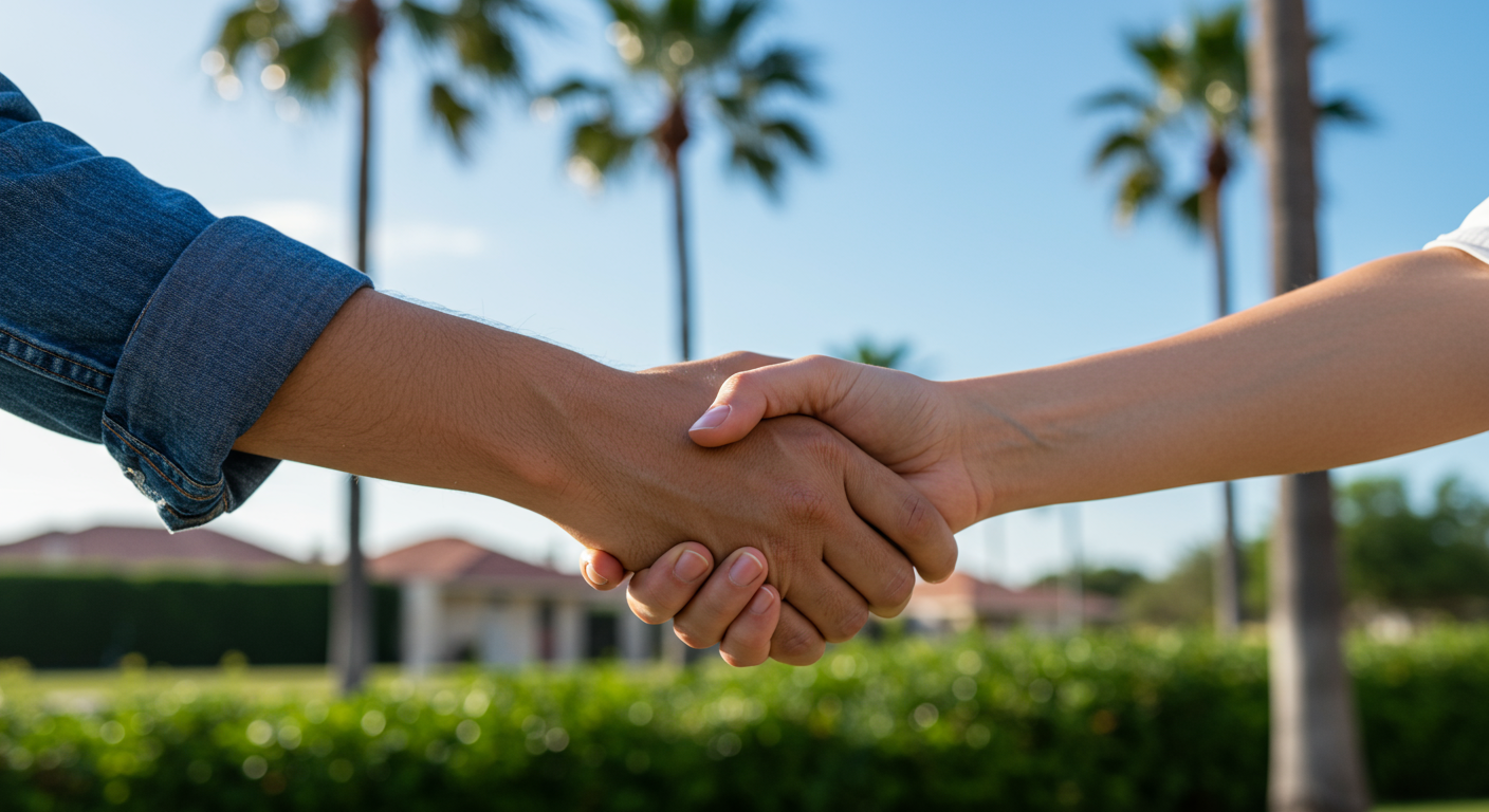 A close-up of hands shaking between a contractor and a client in front of a beautiful Bonita Springs landscape. This image symbolizes partnership and agreement, with palm trees and sunny skies in the background.