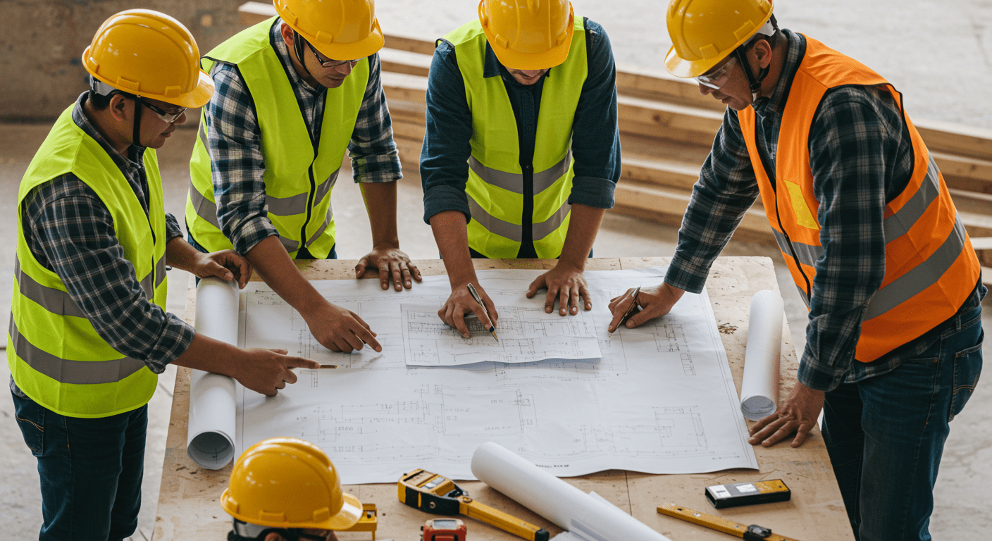 A diverse group of contractors collaborating on a construction site, discussing blueprints and plans. They are surrounded by tools and materials, showcasing teamwork and communication.
