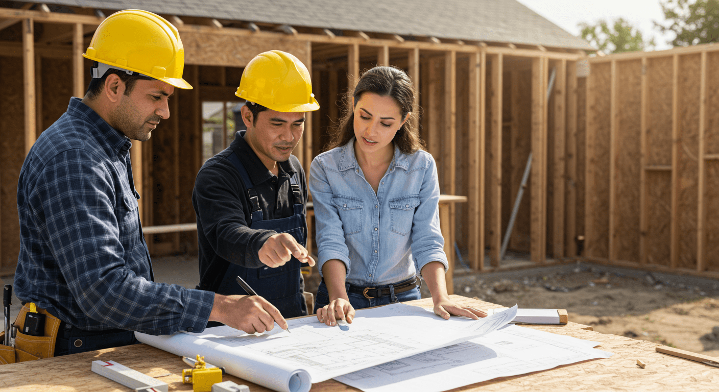 A vibrant scene of a contractor and a homeowner discussing blueprints at a construction site, with a partially renovated home in the background.