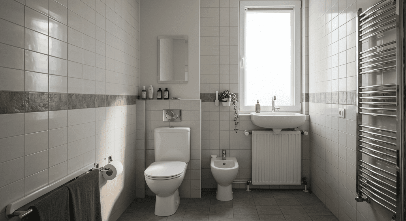 A cozy bathroom that combines functionality with aesthetics, featuring a well-organized layout, stylish tile work, and natural light streaming in.