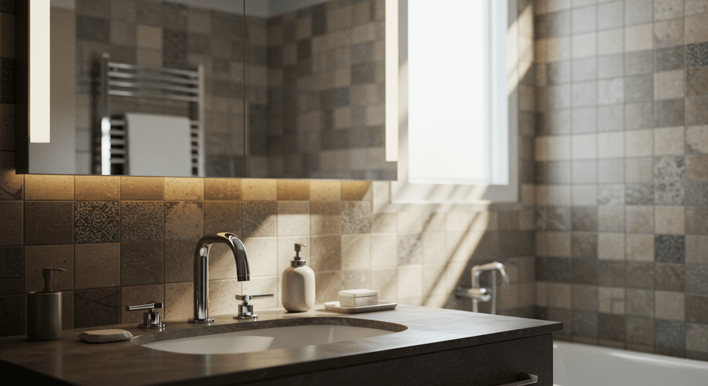 A close-up of a beautifully designed bathroom featuring modern fixtures, elegant tiles, and natural light streaming in from a window, reflecting a serene atmosphere.