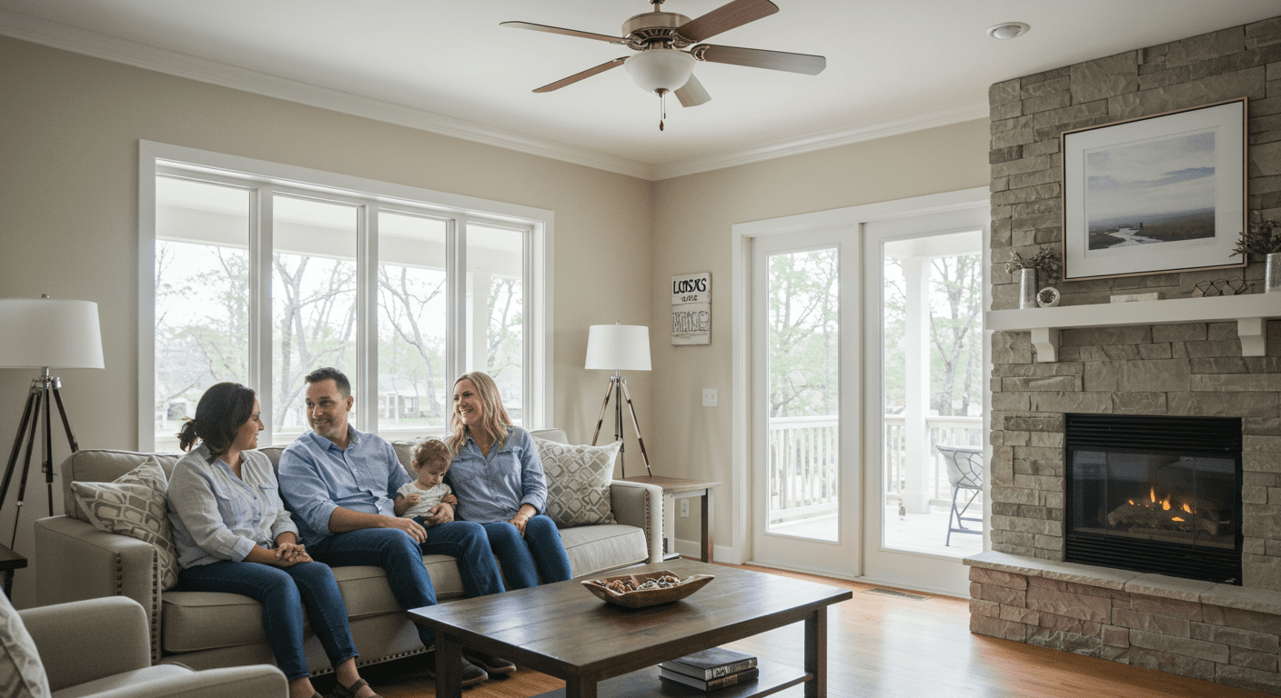 A happy family enjoying their newly renovated living room, showcasing the emotional impact of home remodeling. The space is bright and inviting, reflecting a successful design build project.