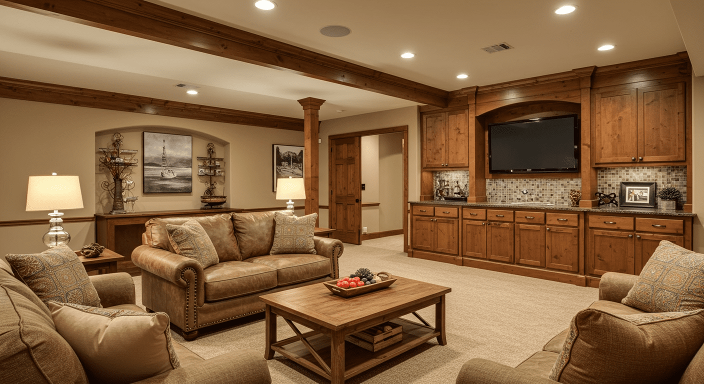 A beautifully finished basement showcasing a multi-functional space with a lounge area, bar, and entertainment setup.