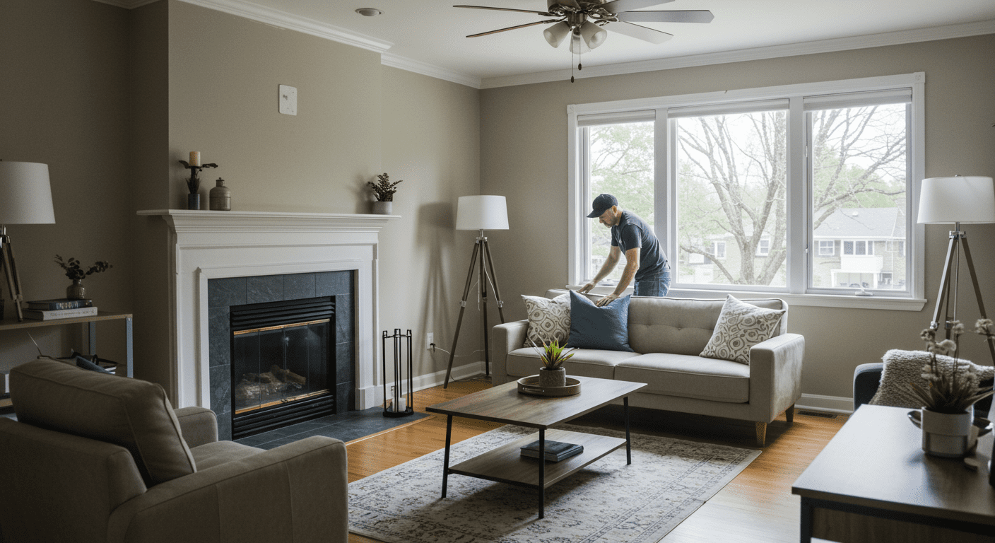 A cozy living room that has been remodeled with modern furniture, fresh paint, and updated lighting. A contractor is seen arranging furniture, emphasizing the finishing touches of the renovation.