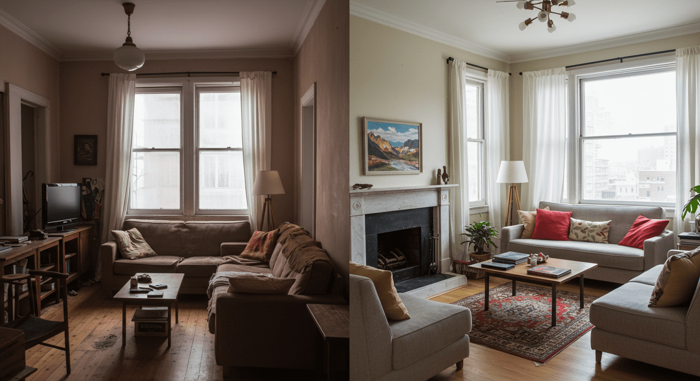 A vibrant living room transformation. The left side depicts a cramped, cluttered living space with outdated furniture, while the right side shows a spacious, airy living room with modern decor, large windows, and a cozy seating area that invites relaxation.