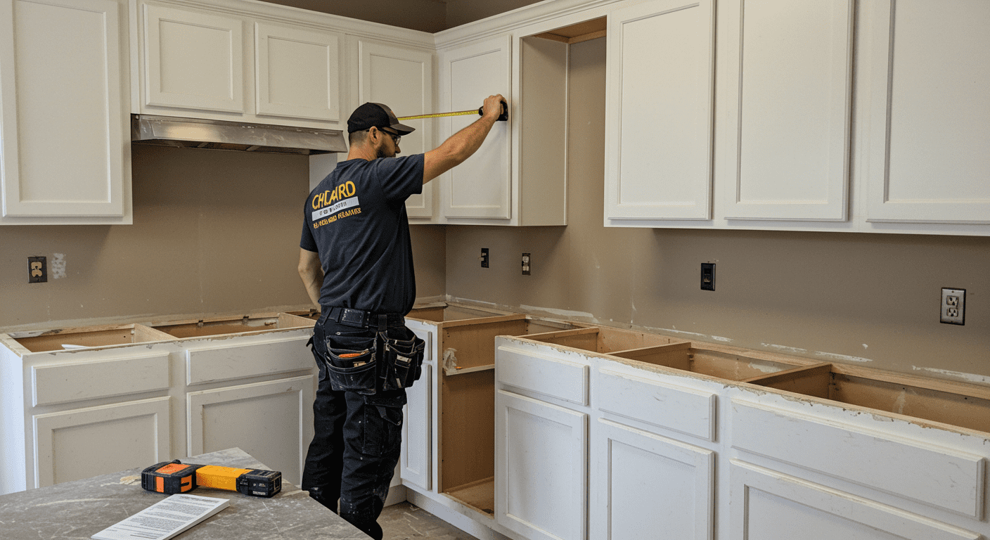 A local contractor working on a kitchen renovation, showcasing the craftsmanship involved in custom kitchen construction. The contractor is seen measuring and installing cabinetry, highlighting the attention to detail.
