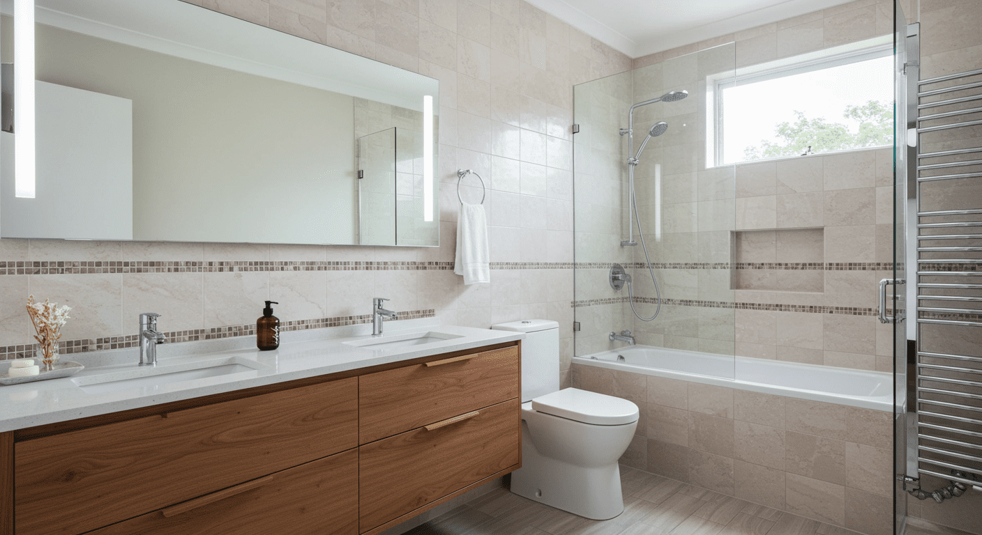 A beautifully remodeled bathroom featuring modern fixtures, elegant tiles, and natural light.