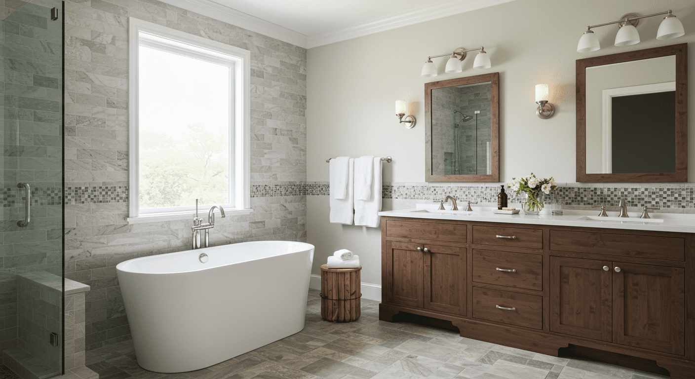A luxurious bathroom remodel with a freestanding soaking tub, stylish tile work, and a double vanity.