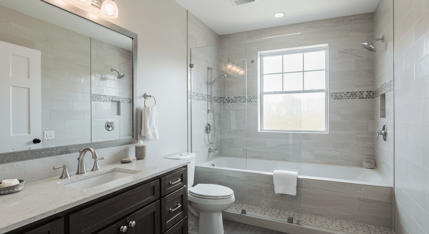 A beautifully remodeled bathroom showcasing a modern design with sleek fixtures, a spacious shower, and elegant tile work. The scene captures natural light streaming through a window, highlighting the fresh and inviting atmosphere.