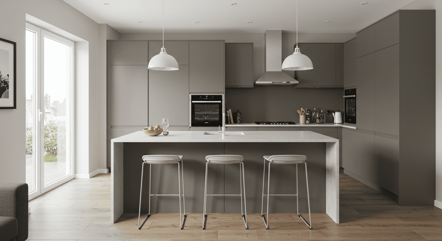 A sleek, modern kitchen with high-end appliances, an island with bar stools, and stylish cabinetry. The image emphasizes the transformation of a dated kitchen into a contemporary culinary space.