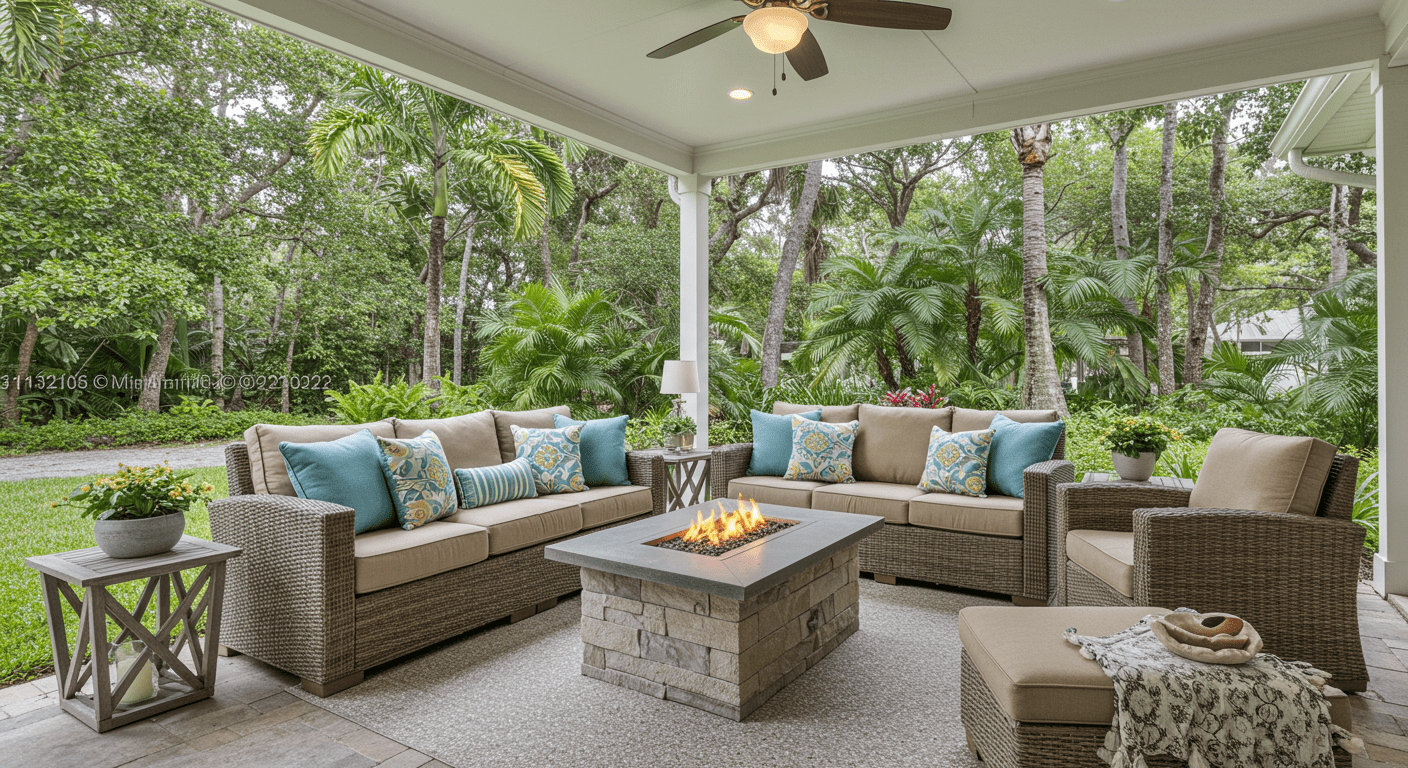 An outdoor living space with a cozy seating area, a fire pit, and lush landscaping, perfect for entertaining. The setting is bright and inviting, showcasing the beauty of Bonita Springs.