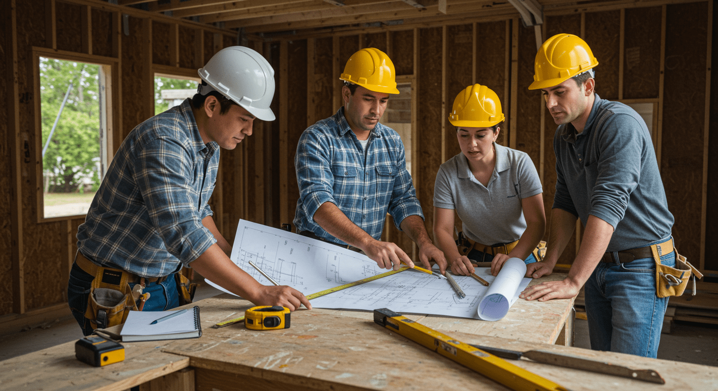 A dynamic scene showing a diverse team of contractors actively working on a home construction site. The team is collaborating, measuring, and discussing plans with blueprints in hand.