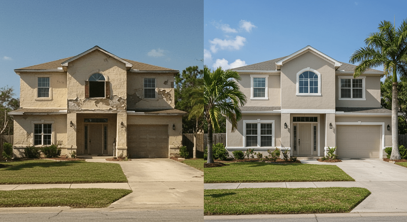 A split image showcasing a home before and after renovation. The left side depicts an older, worn-out structure, while the right side reveals a modern, beautifully rebuilt home. This visual contrast highlights the transformative power of local contractors in Bonita Springs.