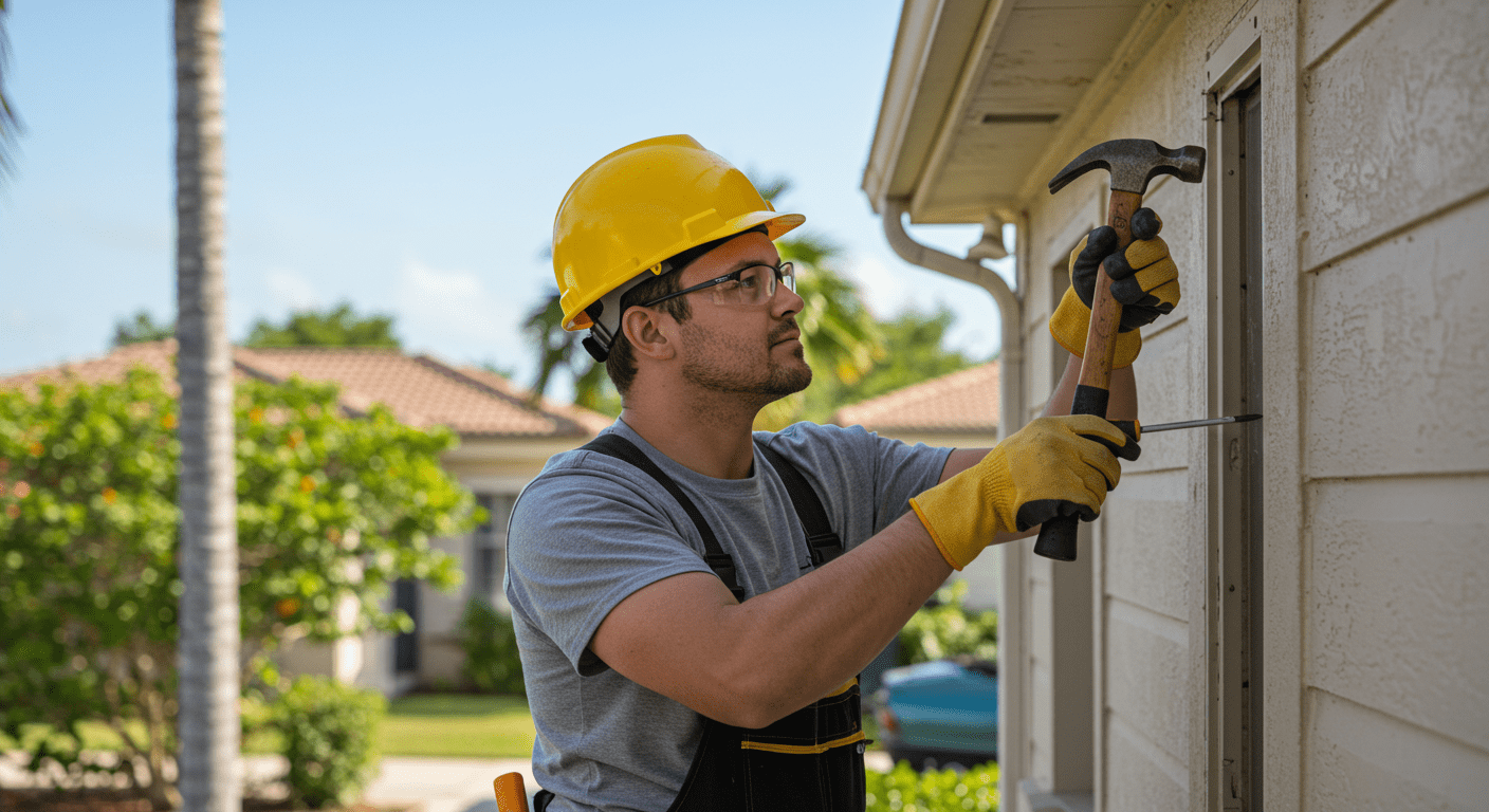 A skilled contractor in a hard hat and work gloves is actively repairing a home exterior, using tools like a hammer and screwdriver. The background shows a charming Bonita Springs neighborhood with palm trees and sunny skies.