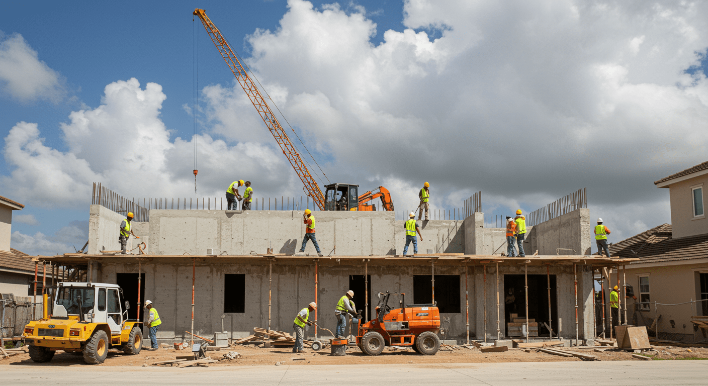 A dynamic construction site in Fort Myers, showcasing a team of diverse contractors actively working on a residential building. The image captures the essence of teamwork and professionalism in construction.