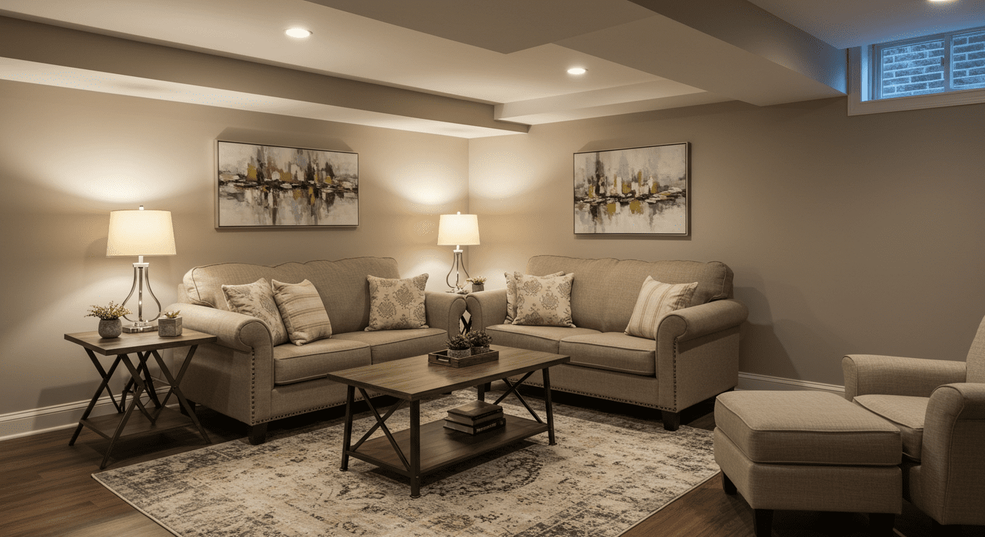 A cozy lounge area in a remodeled basement featuring a comfortable sofa, a coffee table, and ambient lighting.