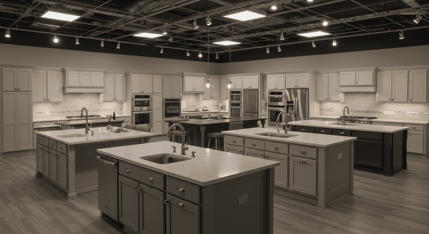 An inviting kitchen showroom displaying multiple kitchen setups with different styles, colors, and layouts. The showroom is well-lit, showcasing the latest trends in kitchen design.