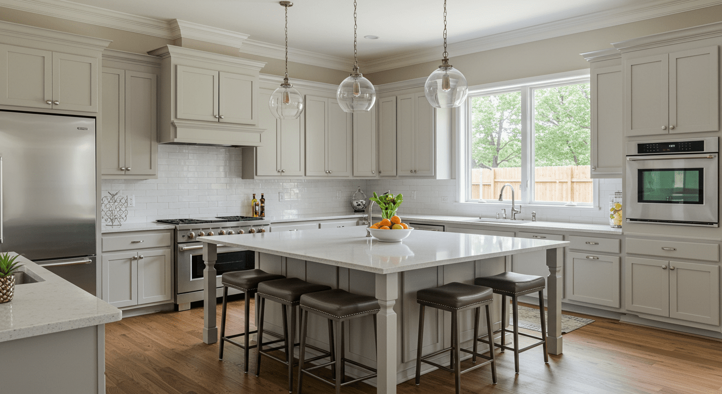 A beautifully remodeled kitchen featuring modern appliances, a large island with bar stools, and elegant cabinetry. The kitchen is well-lit with natural light streaming through large windows, showcasing a clean and inviting atmosphere.