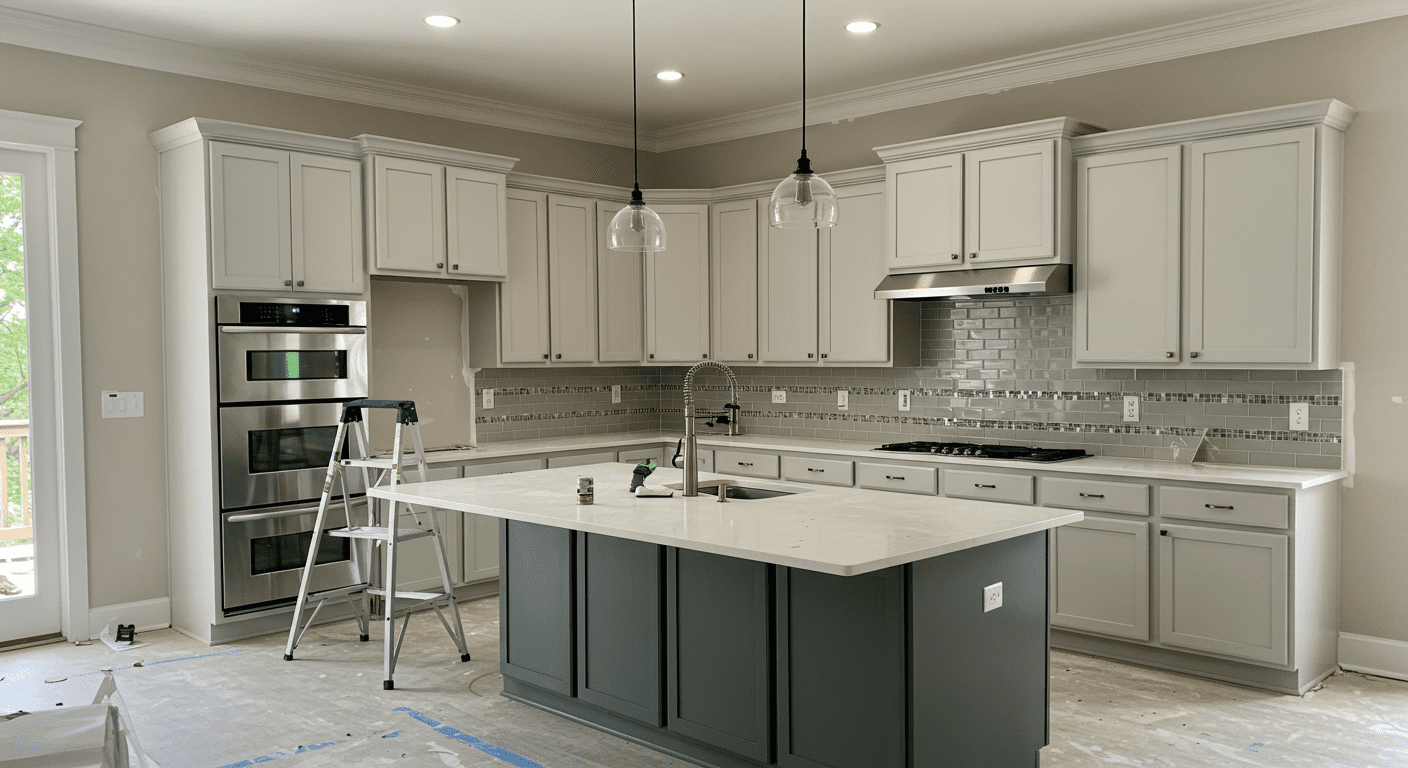 A beautifully renovated kitchen showcasing modern appliances, sleek cabinetry, and a spacious island.