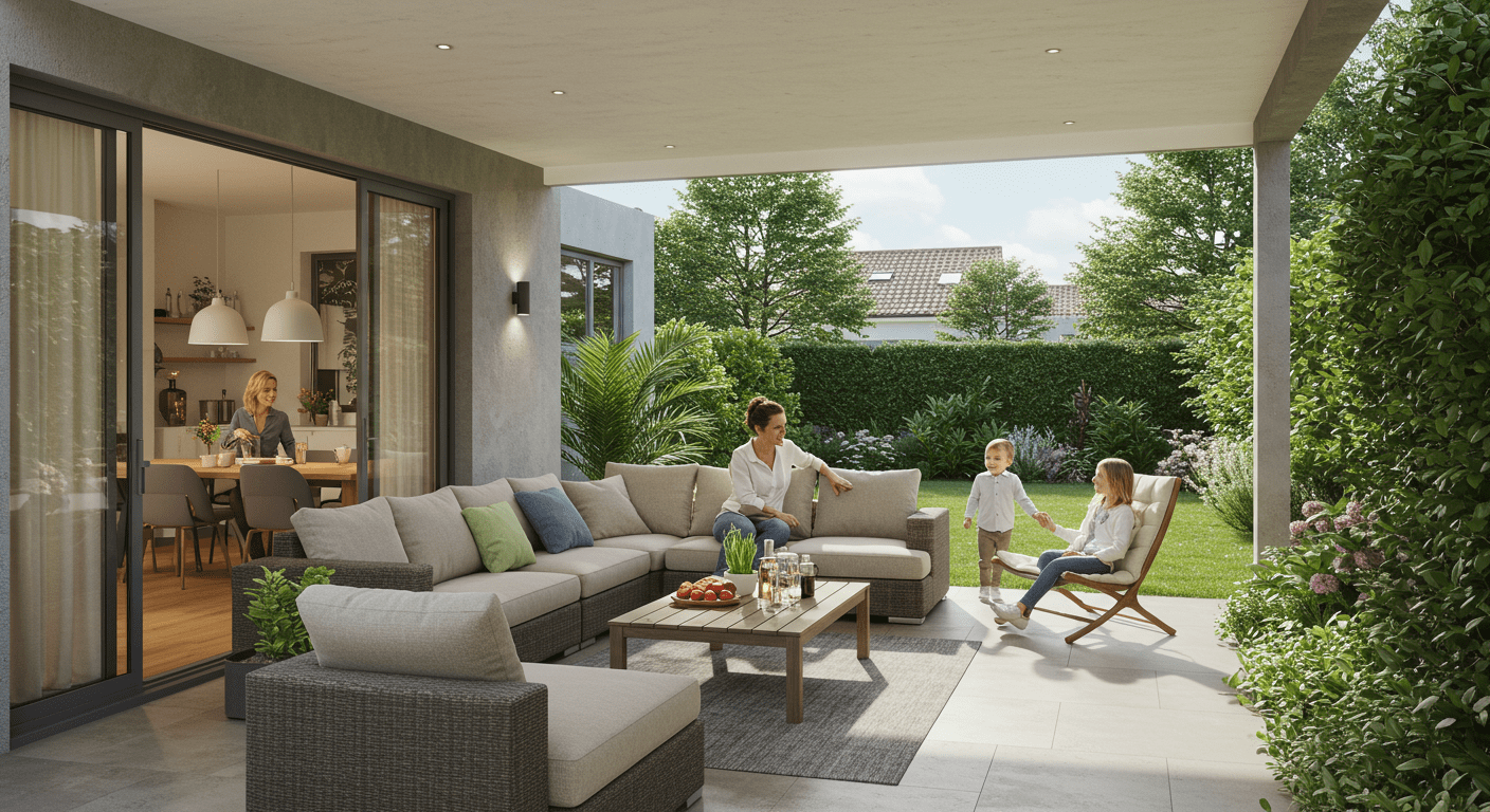 A beautifully designed outdoor living area that extends from the home, featuring comfortable seating, greenery, and a view of the backyard. A family is seen enjoying the space.