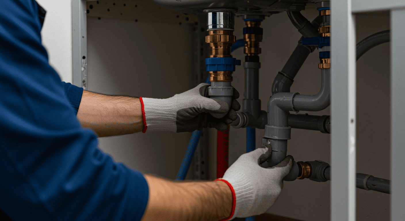 A plumber installing pipes under a sink, showcasing the intricate work involved in plumbing. The image captures the attention to detail and skill required in plumbing services.