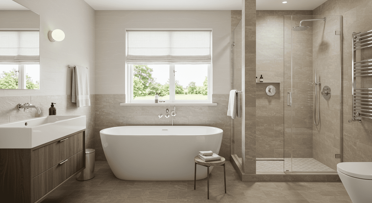 A tranquil bathroom showcasing a freestanding soaking tub, stylish fixtures, and a walk-in shower with glass doors.