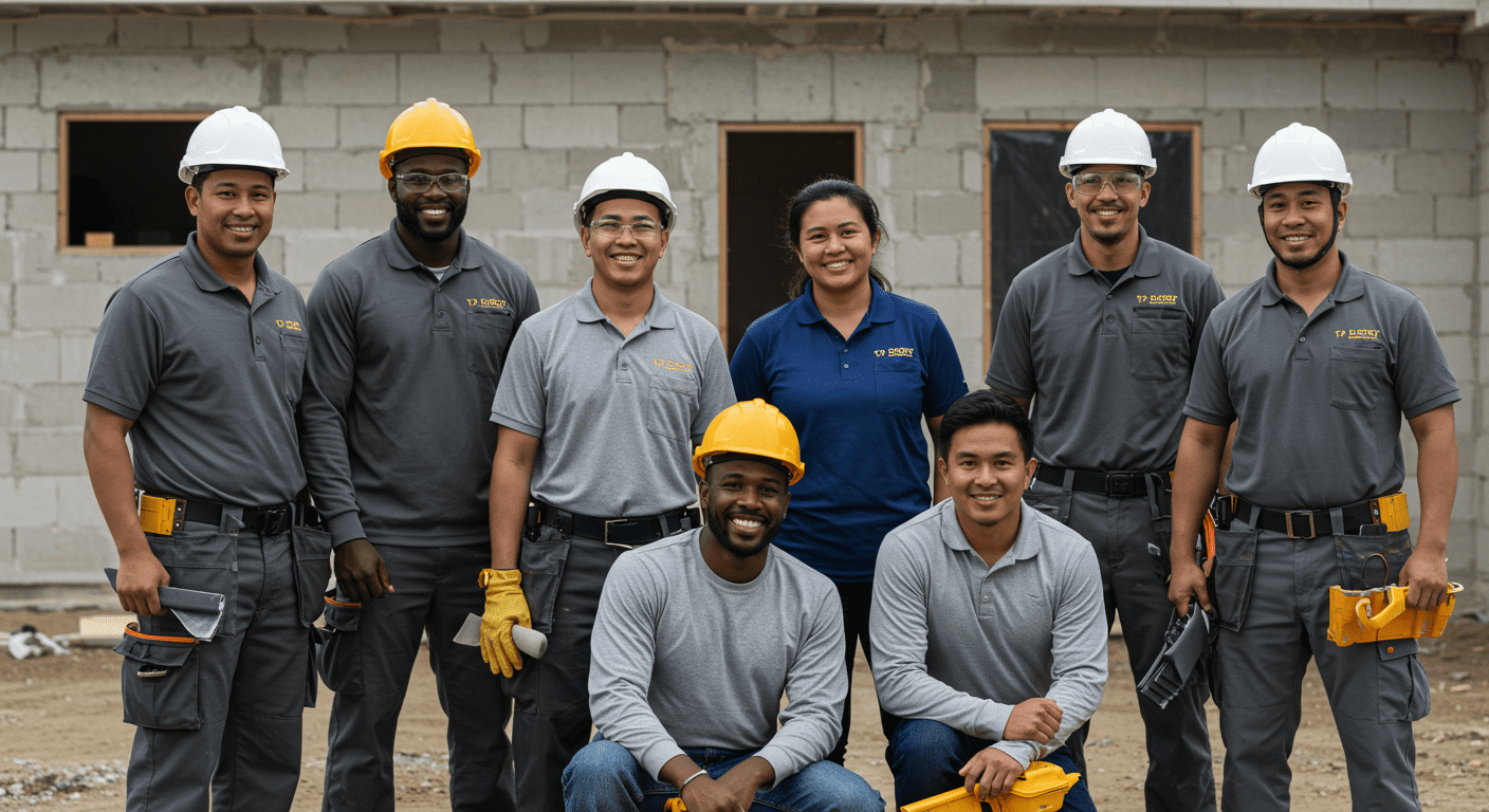 A diverse team of contractors posing together in front of a completed project, showcasing unity and expertise. They are smiling and ready to assist clients.