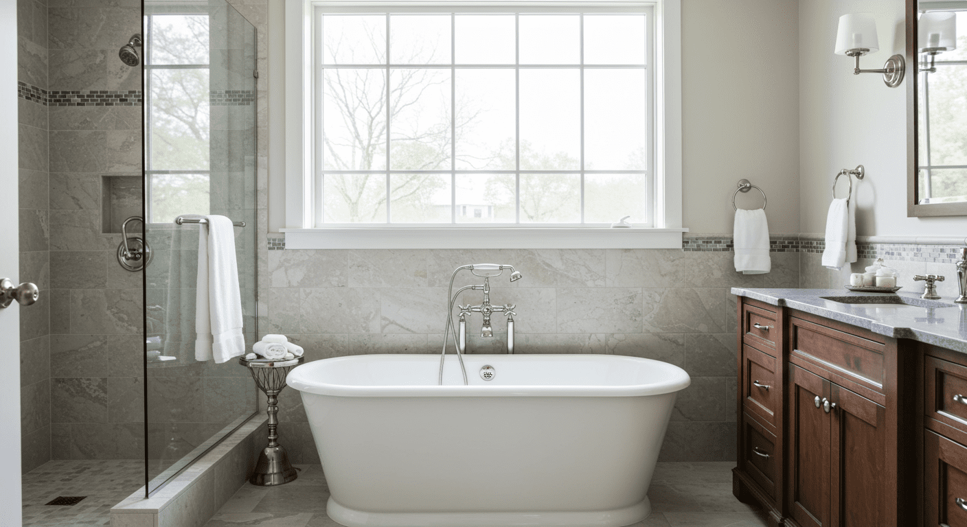 A beautifully remodeled bathroom showcasing a luxurious spa-like atmosphere. The image features a freestanding soaking tub, elegant tile work, and modern fixtures, with soft natural light streaming through a window.
