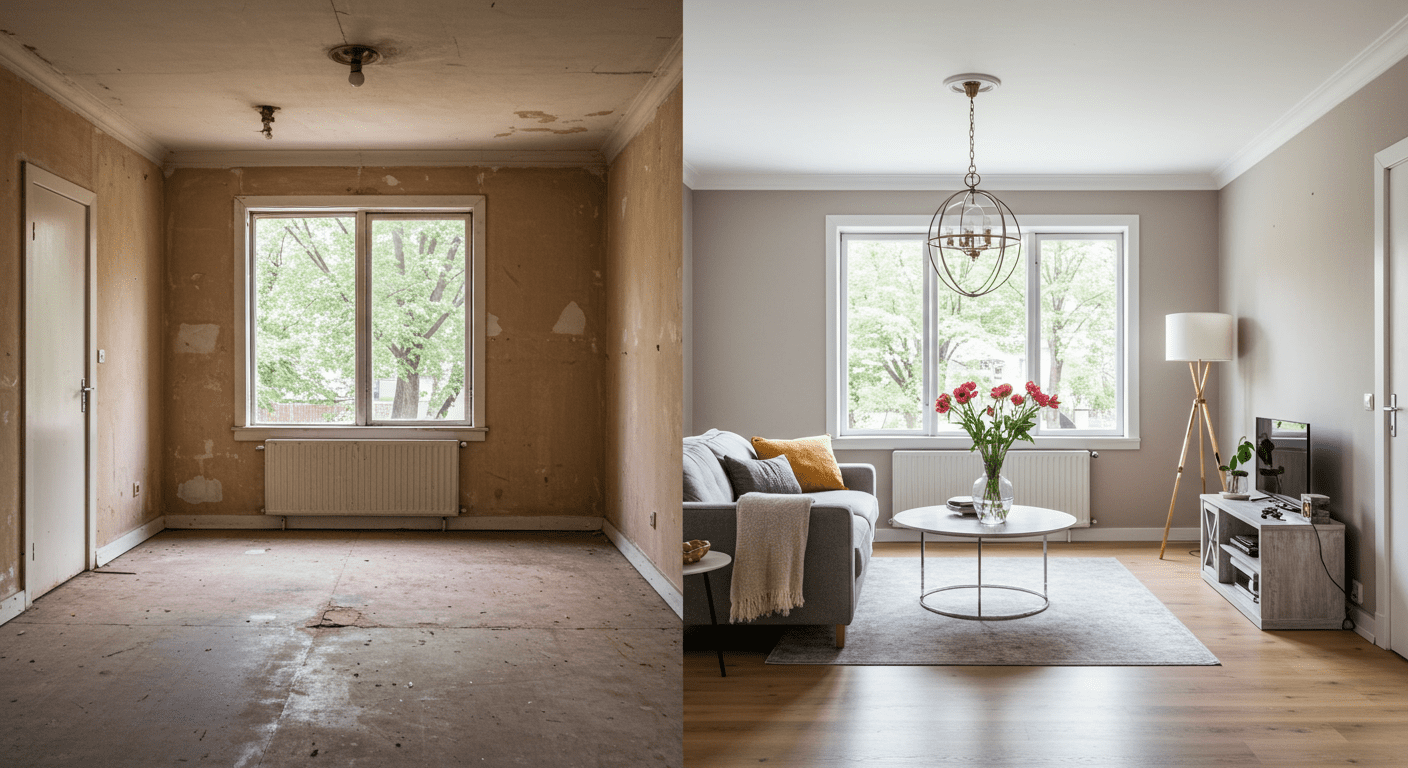 A split image showing a home before and after remodeling. The left side depicts an outdated space, while the right side reveals a modern, stylish interior that highlights the transformation.
