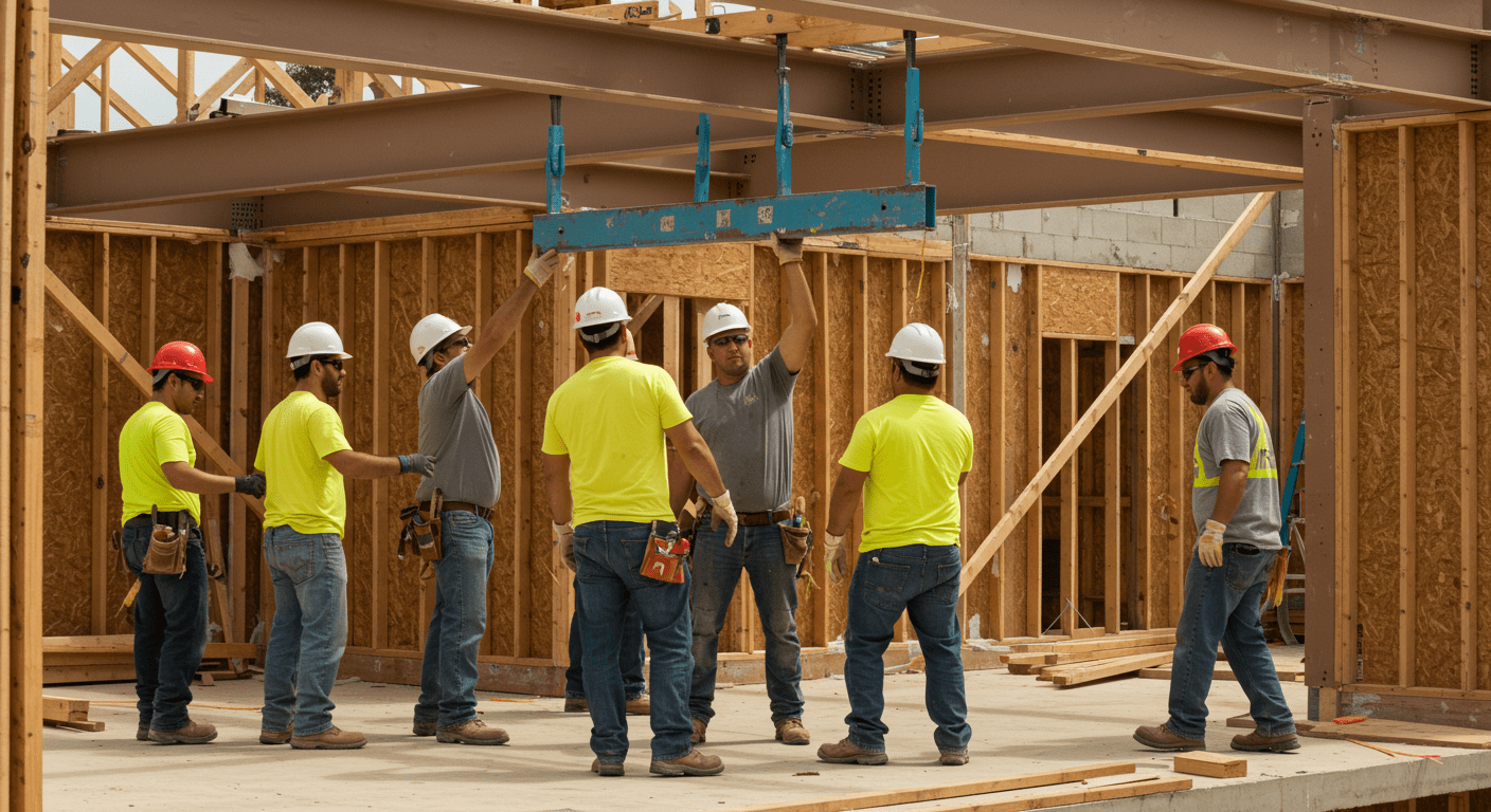 A construction team working together on-site, lifting beams and collaborating on a building project.