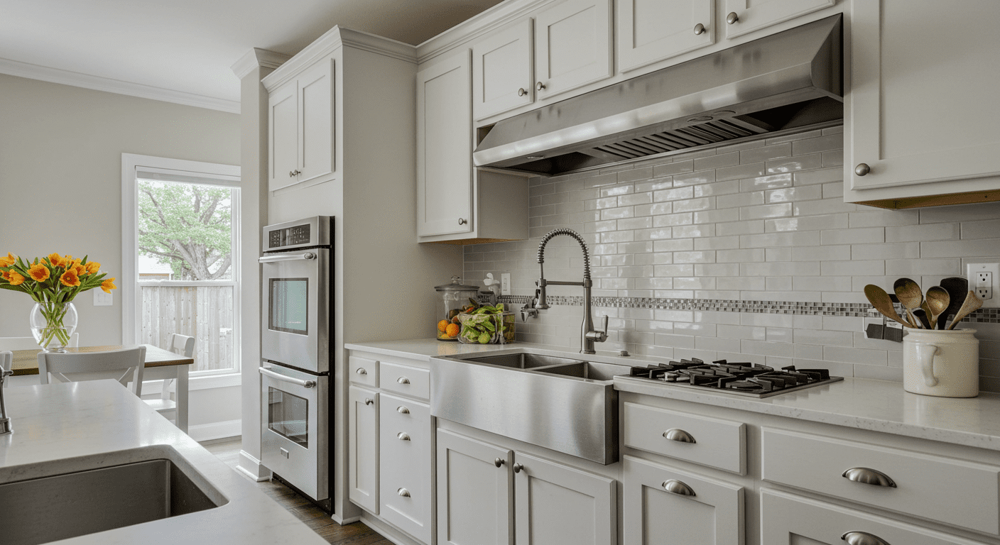 A contemporary kitchen with an open floor plan, featuring stainless steel appliances, a large farmhouse sink, and a stylish backsplash.