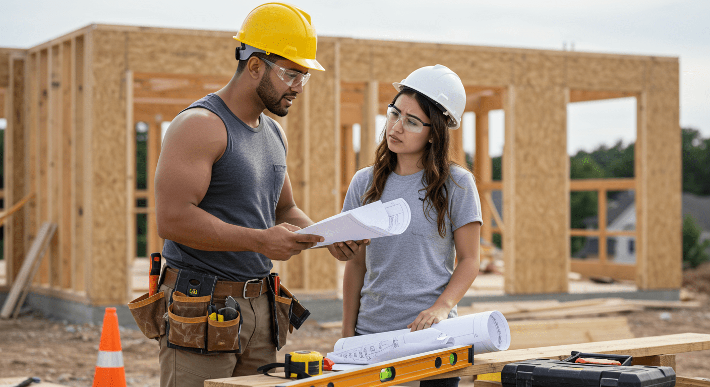 A contractor discussing project details with a homeowner at a construction site, with safety gear and equipment in the foreground.