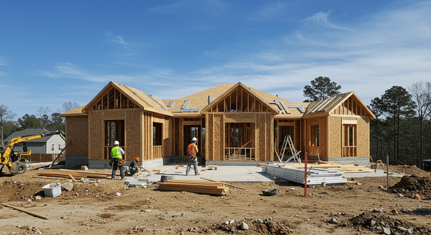 A wide-angle view of a custom home being built, with framing in progress. The image captures the construction site with workers collaborating, emphasizing teamwork and craftsmanship.