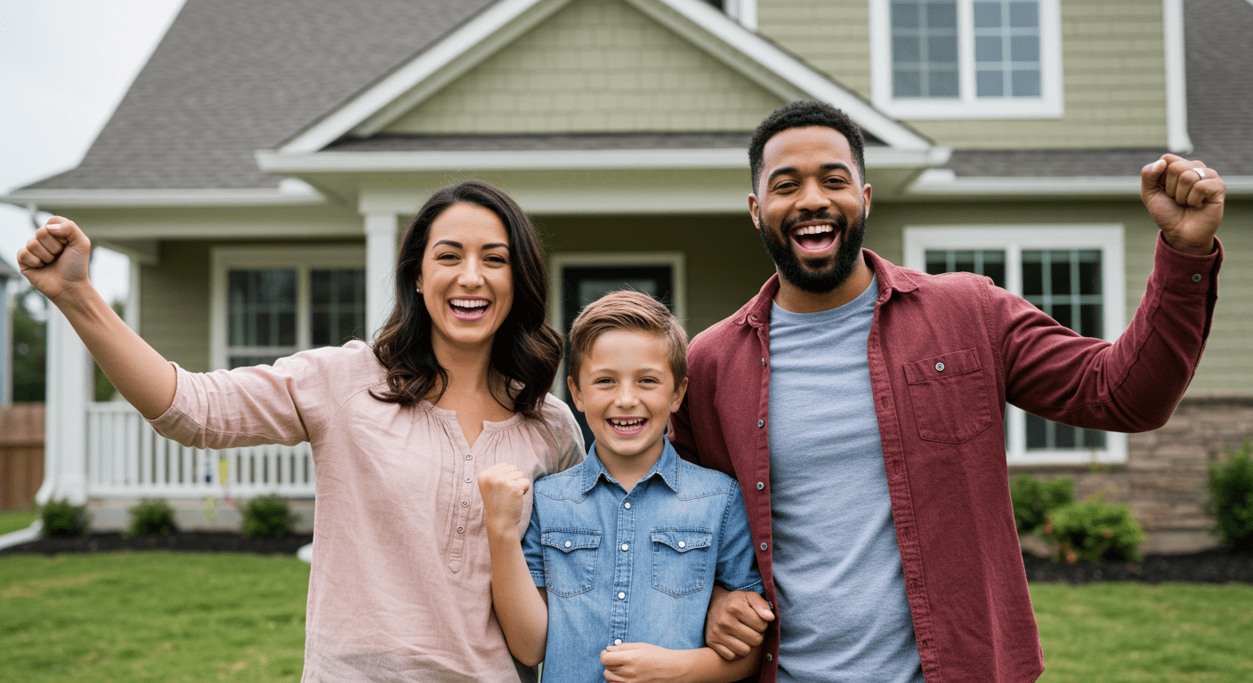 A joyful family standing in front of their newly renovated home, smiling and celebrating. The house has a fresh coat of paint and new landscaping, symbolizing the success of their renovation project.