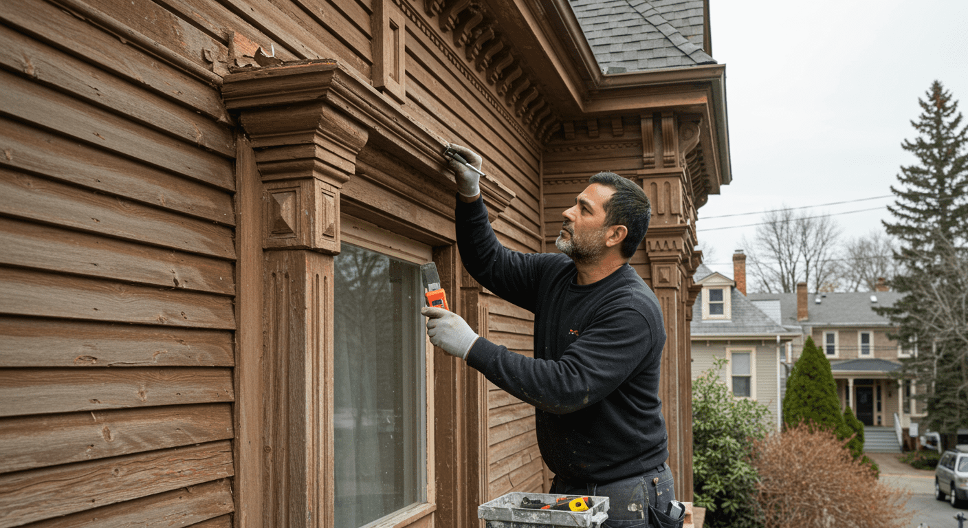 A contractor carefully restoring the exterior of a historic home, showcasing detailed woodwork and traditional architecture.
