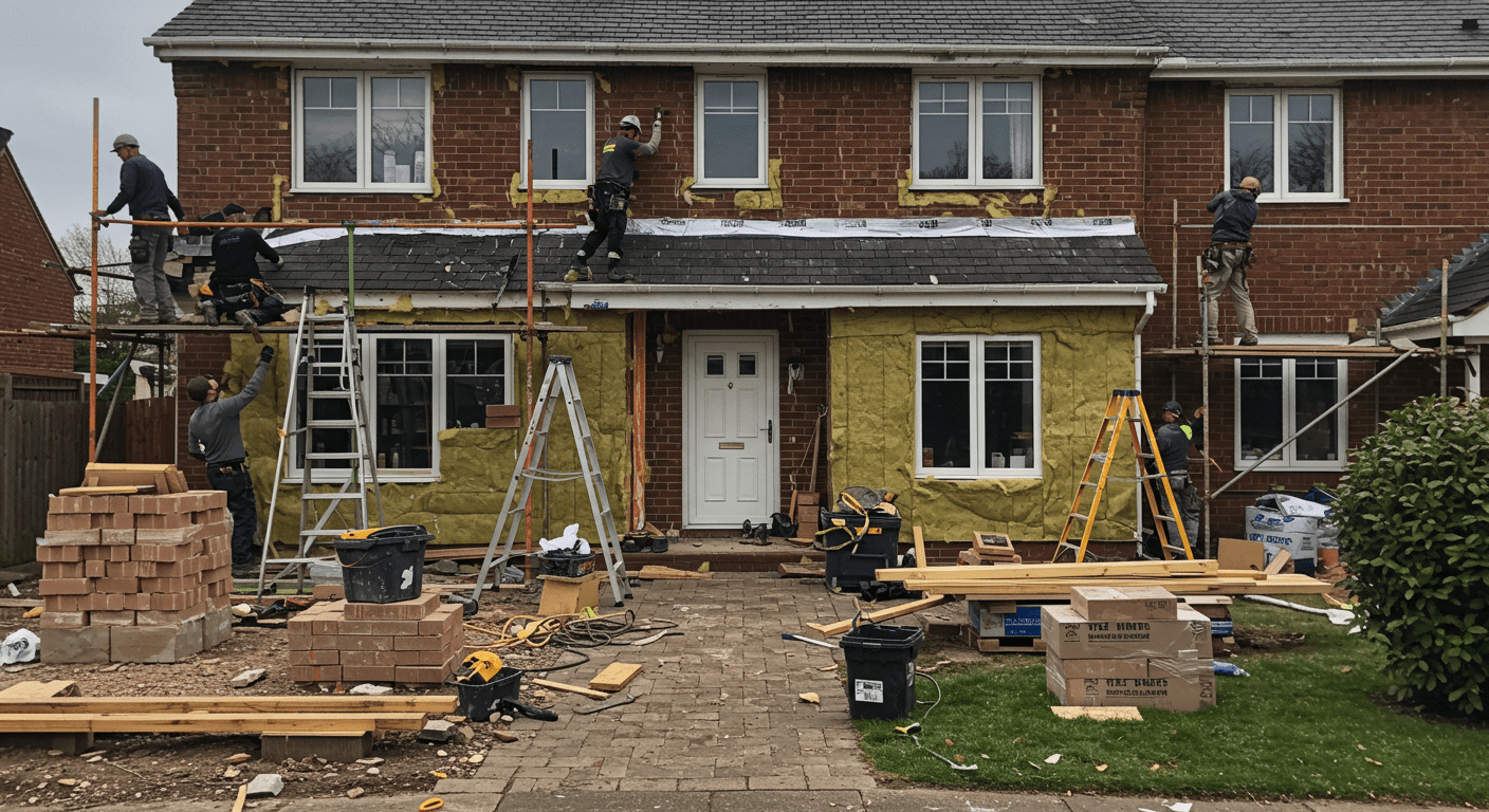 A residential home undergoing renovation, showcasing contractors actively working on the exterior. Tools and materials are visible, emphasizing the transformation process.