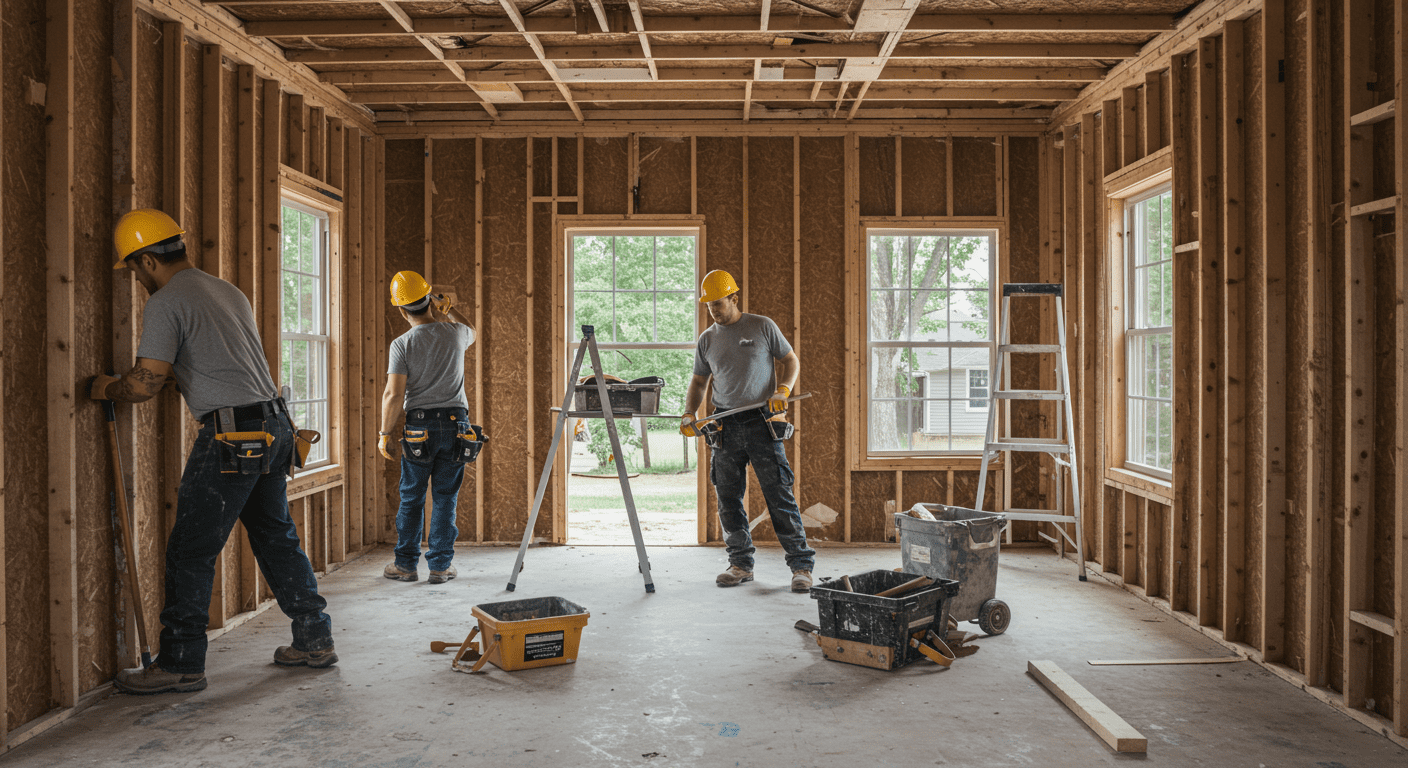 An action shot of workers actively renovating a home, with tools and materials in use.