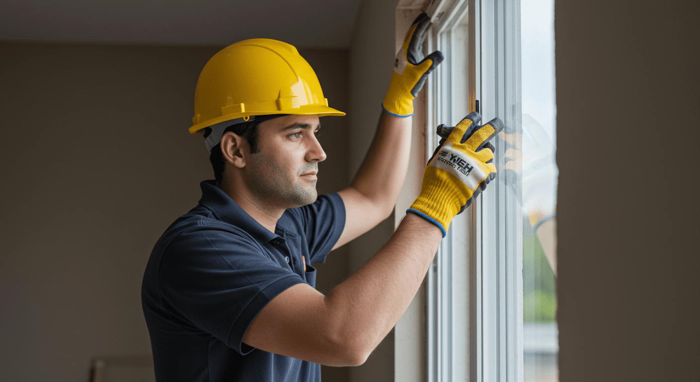 A skilled contractor in a hard hat and work gloves, actively repairing a residential home. The contractor is focused on fixing a window frame, showcasing attention to detail and professionalism.