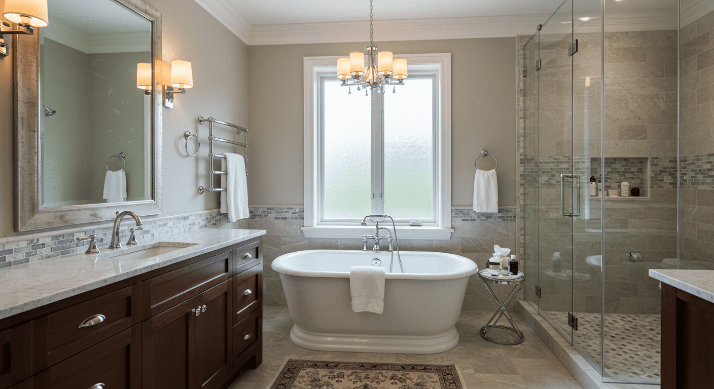A luxurious bathroom remodel featuring a freestanding soaking tub, elegant tile work, and modern fixtures. Soft lighting creates a serene atmosphere, emphasizing comfort and style.